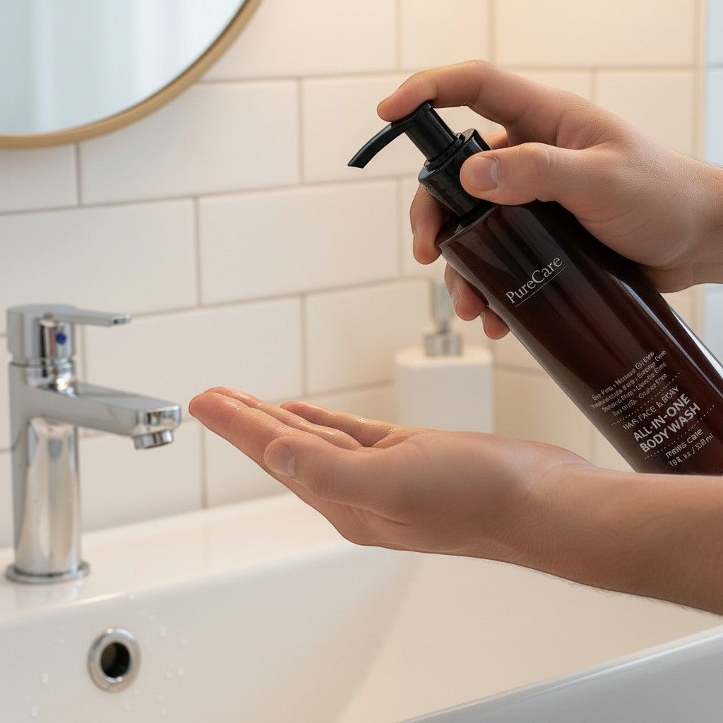 PureCare All-In-One Body Wash being dispensed into a hand over a sink. Hydrating, sulfate-free formula.