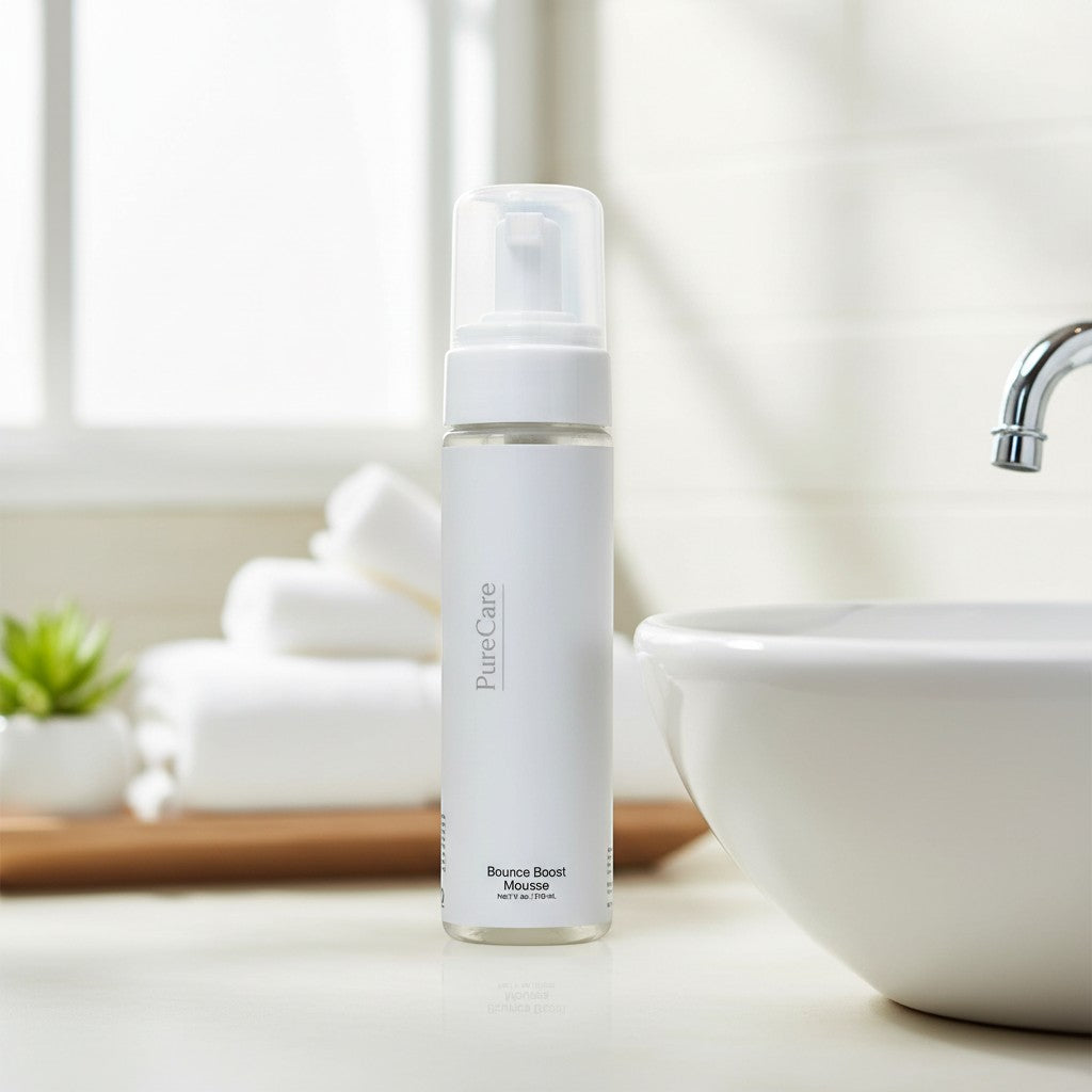 PureCare Bounce Boost Mousse for defining and volumizing curls with a lightweight, non-sticky formula.