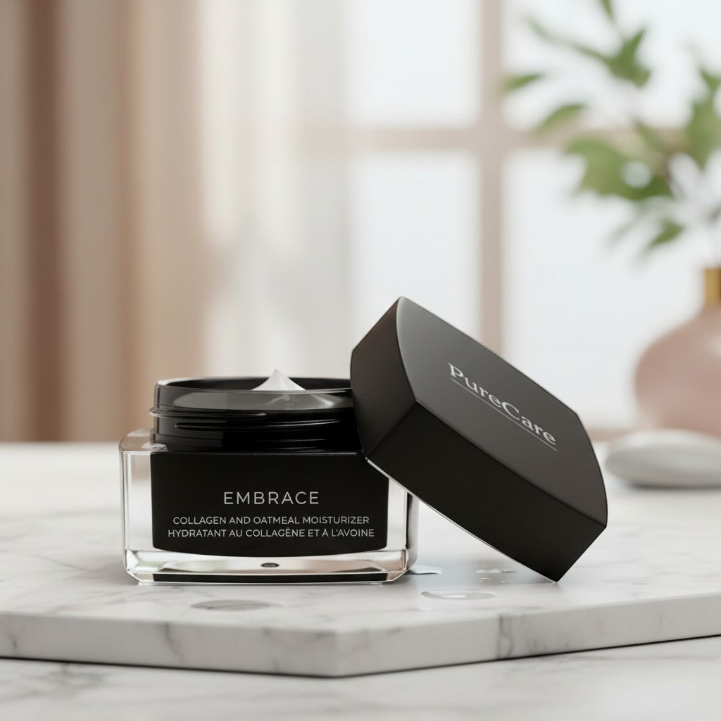 PureCare Embrace Collagen Moisturizer jar with black lid, featuring a clear base and black label with white text.