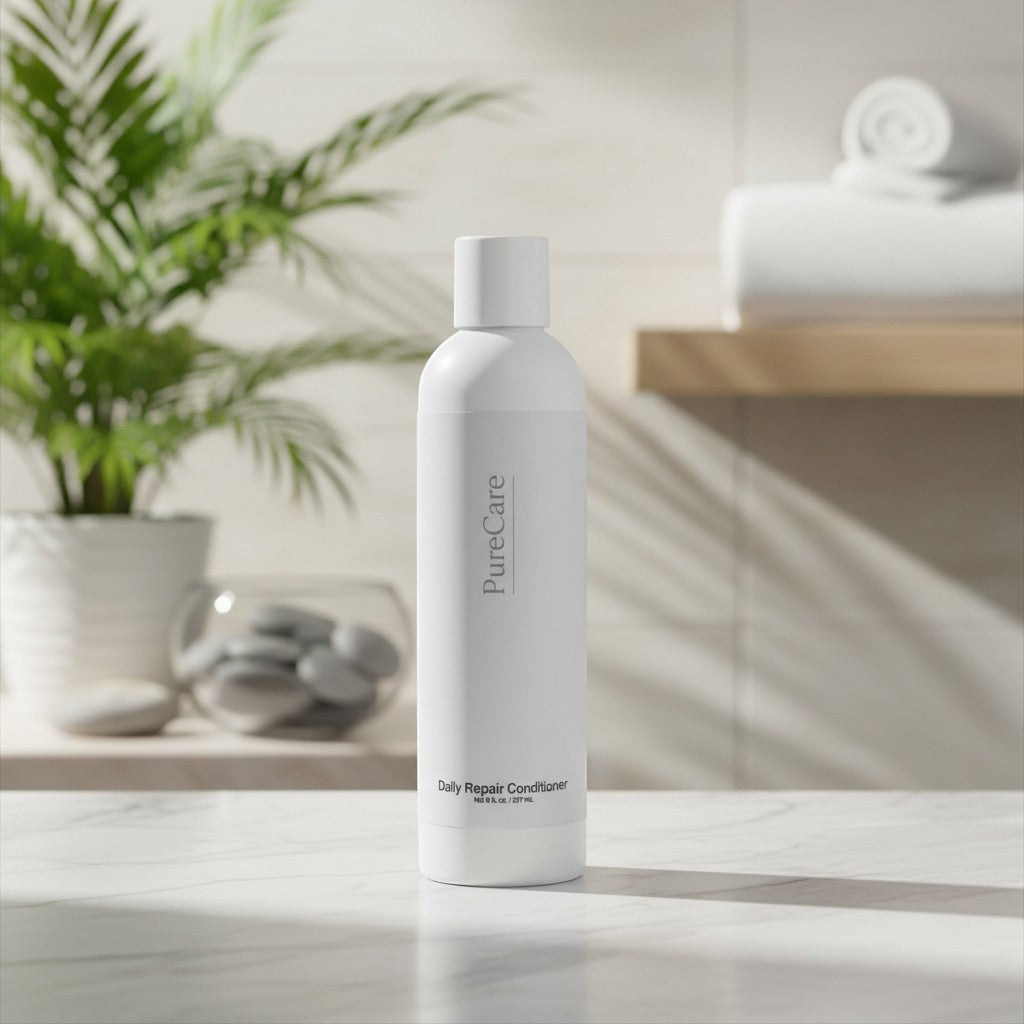 PureCare Daily Repair Conditioner bottle, white with grey text, for damaged hair repair and hydration.