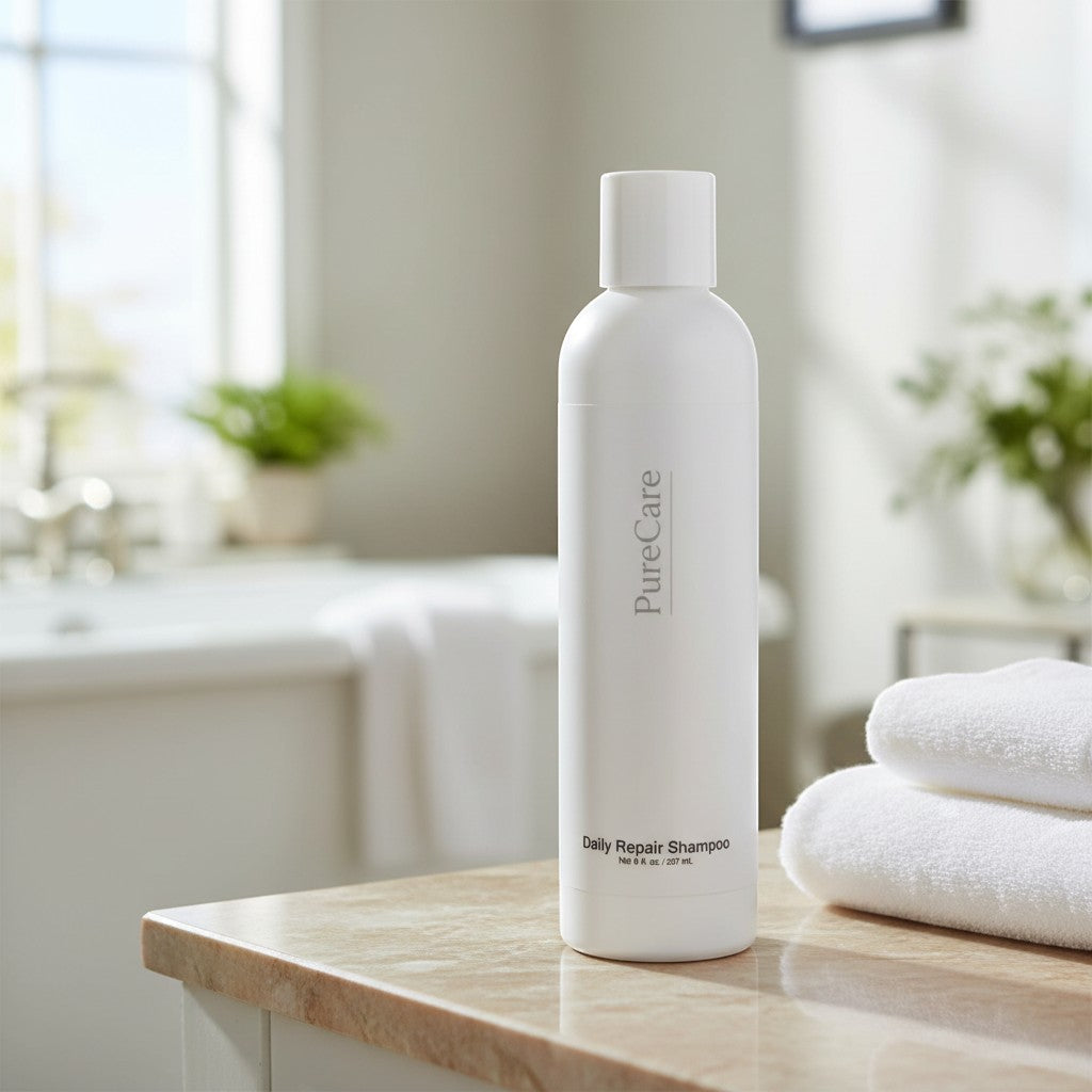 PureCare Daily Repair Shampoo bottle, white plastic with grey text, for strengthening and shine.