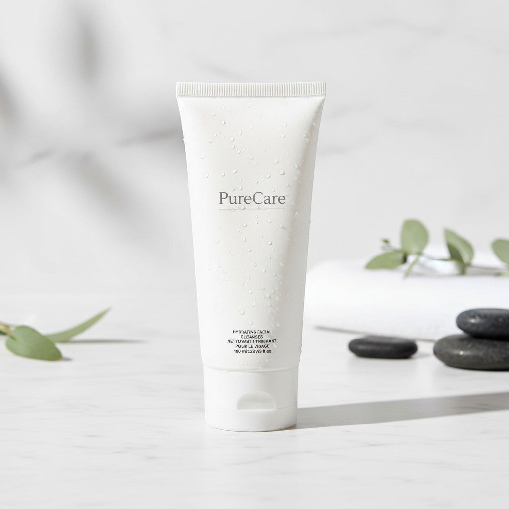 PureCare Gentle Hydrating Facial Cleanser tube with Aloe Vera, Glycerin, and Vitamin E for all skin types.