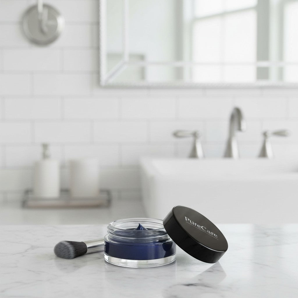 PureCare Glow Mask, a dark charcoal-infused thermal mask in a silver jar with a black lid. Detoxifies and purifies skin.