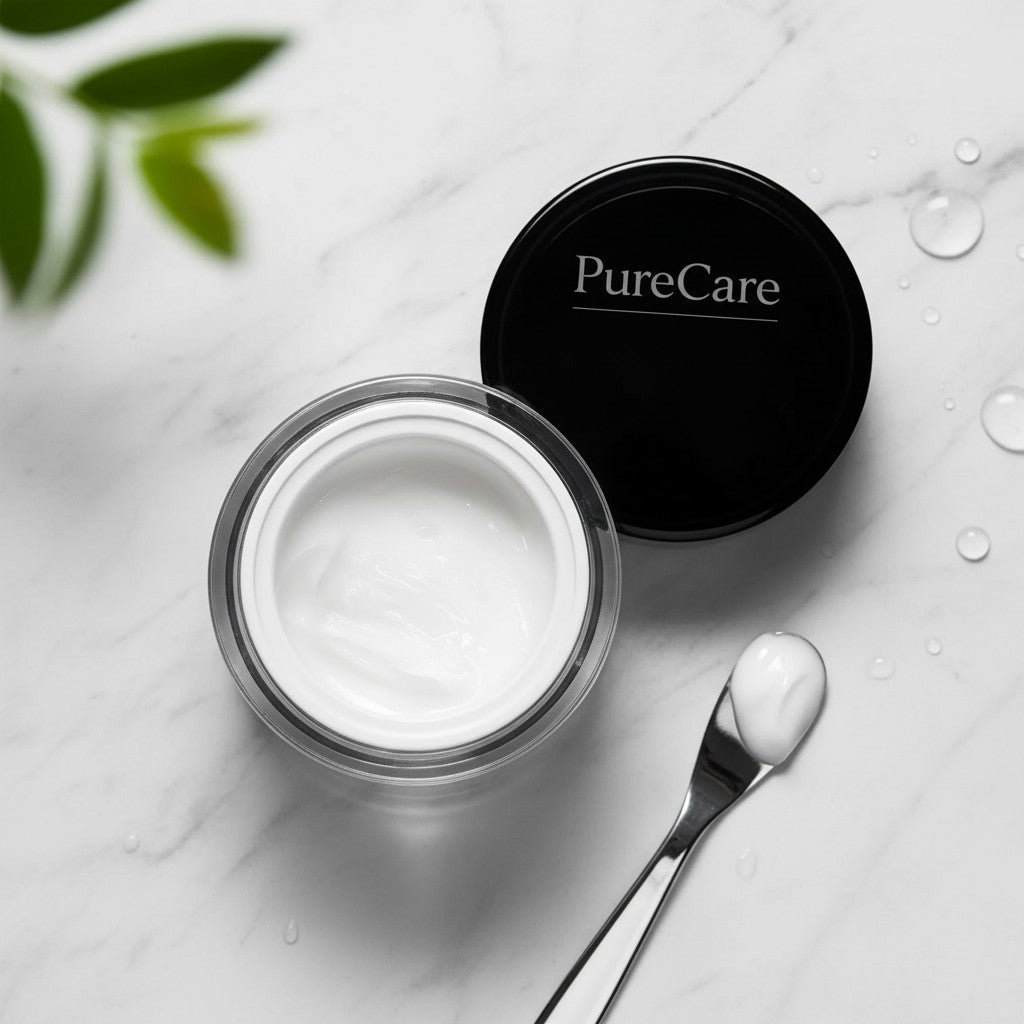 PureCare Hydrating Eye Cream in a white gel texture, housed in a clear jar with a black lid. Lightweight formula for depuffing and reducing fine lines.