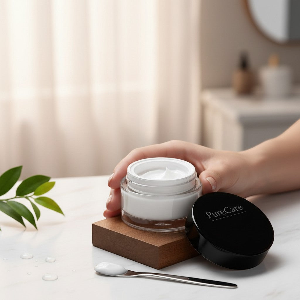 PureCare Hydrating Eye Cream in a clear jar with a black lid, showing a dollop on a spatula. Lightweight, smoothing, depuffing formula.