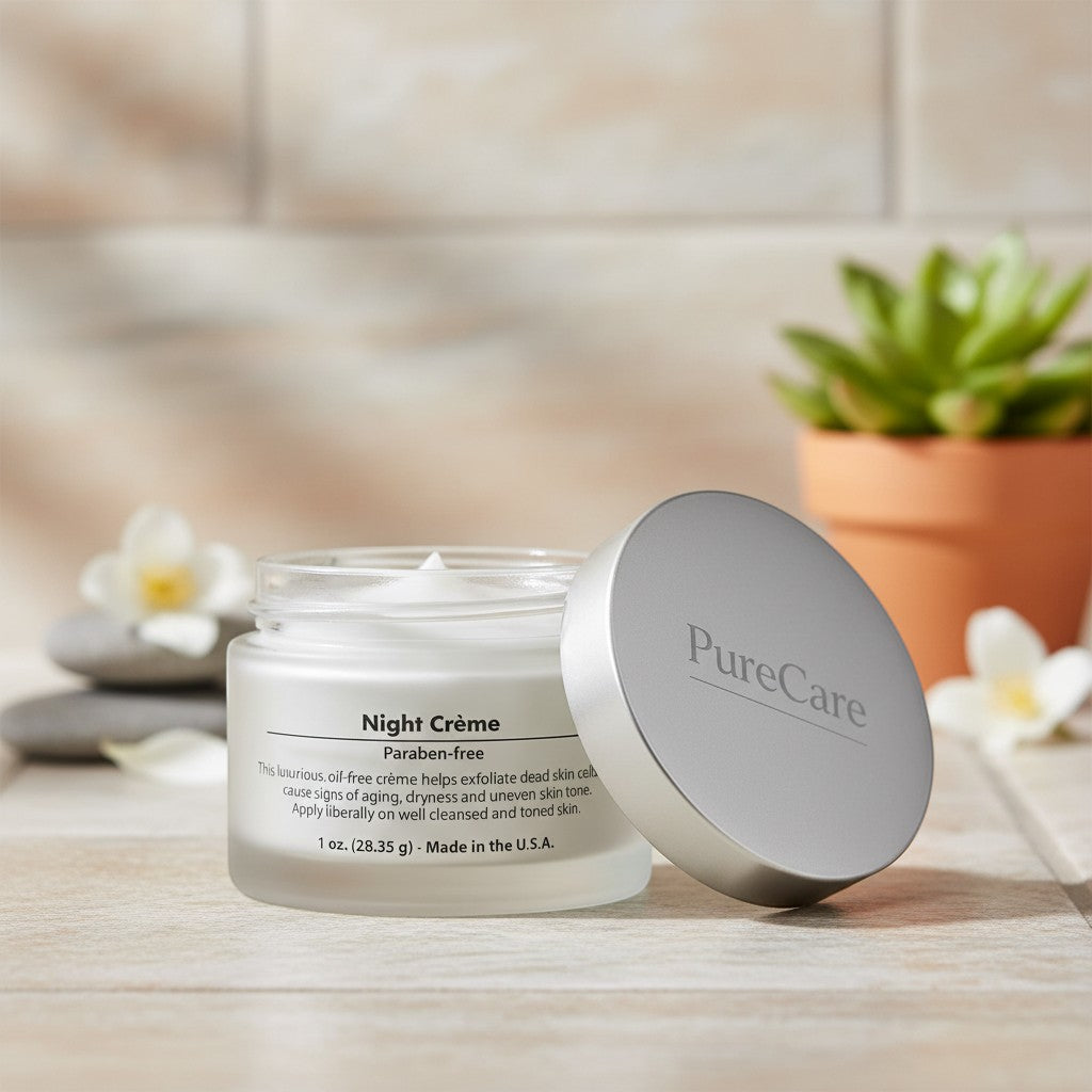 PureCare Night Renewal Crème jar with silver lid, paraben-free, oil-free moisturizer for smoother, glowing skin.