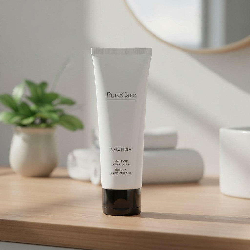 PureCare Nourish luxurious hand cream in a white tube with a black cap, enriched with botanical oils for deep hydration.