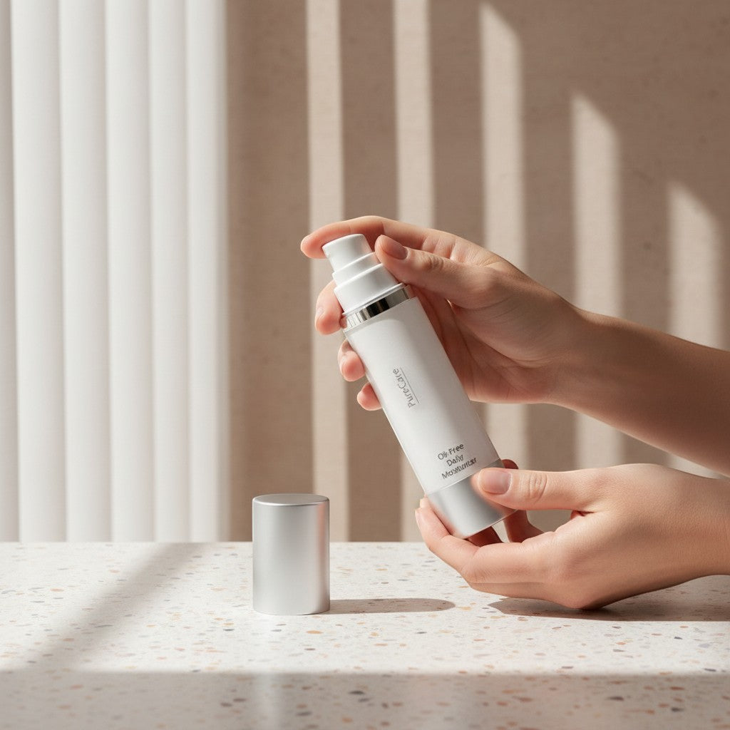 PureCare Oil-Free Daily Moisturizer in a white pump bottle with a silver cap. Lightweight, hydrating, and shine-free.