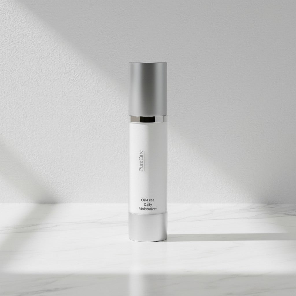 PureCare Oil-Free Daily Moisturizer in a white pump bottle with a silver cap. Lightweight, hydrating, and shine-free.