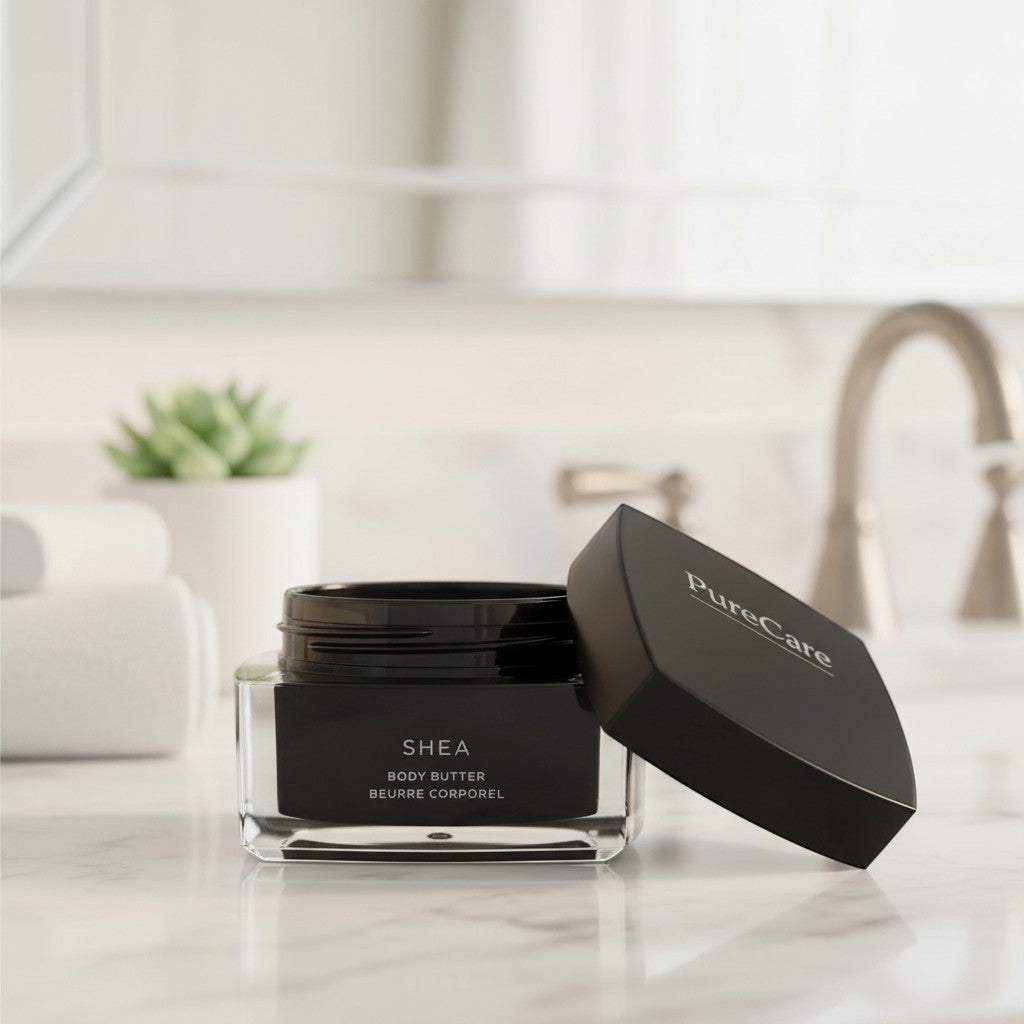 PureCare Shea Body Butter in a clear jar with a black lid, featuring a black label with white text.