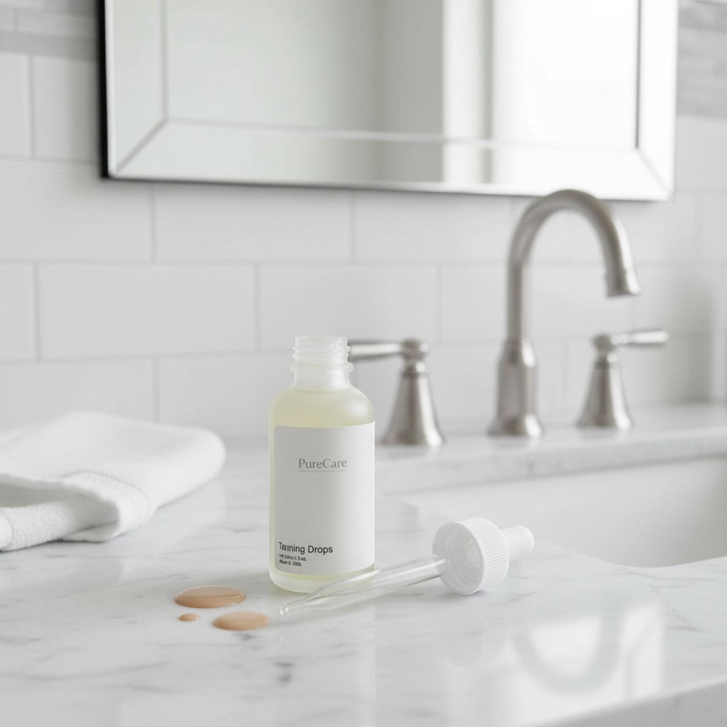 PureCare Tanning Glow Drops bottle with dropper, lightweight formula for a customizable sun-kissed glow.