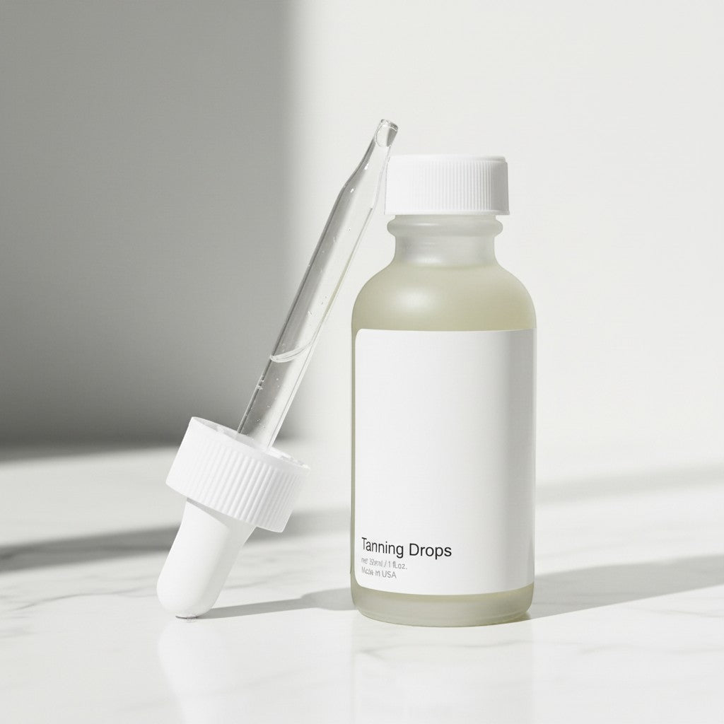 PureCare Tanning Glow Drops bottle with dropper, clear liquid, for a customizable sun-kissed glow.