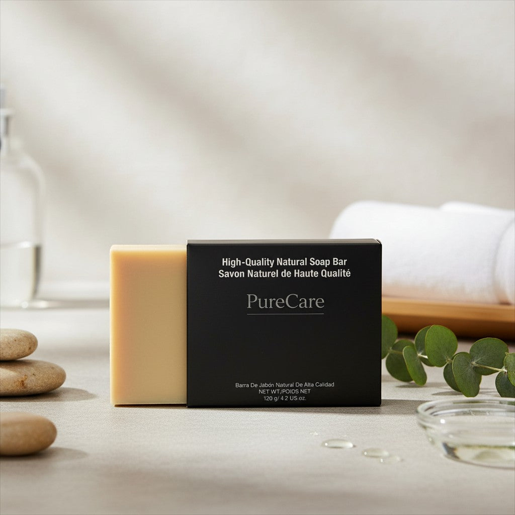 PureCare Tea Tree Healing Soap bar, natural, beige color, with black packaging.