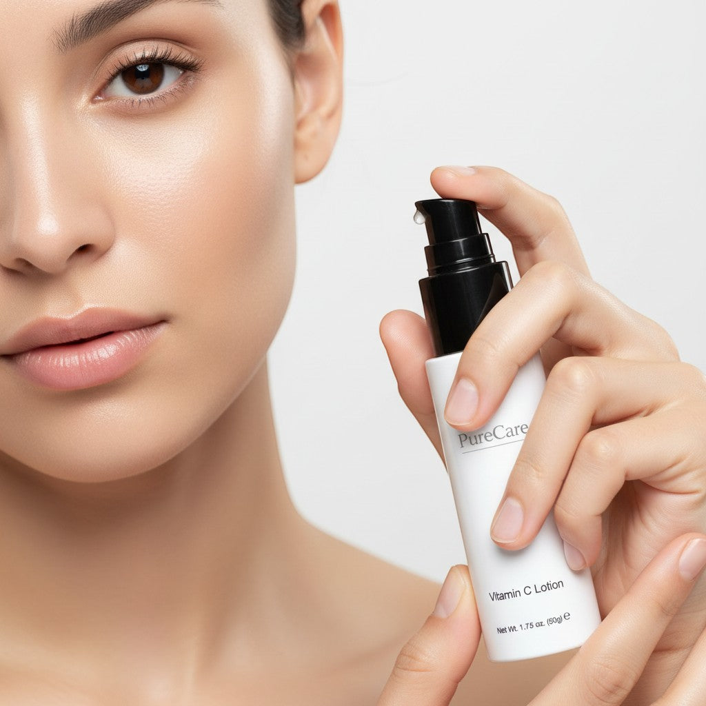 PureCare Vitamin C Body Lotion in a white bottle with a black cap, designed to hydrate and brighten skin.