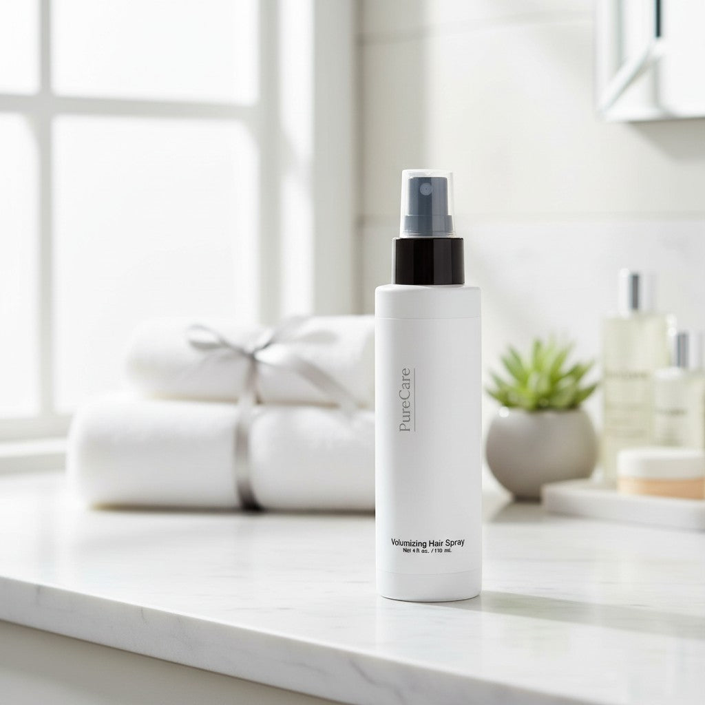 PureCare white bottle of volumizing hair spray with a black pump and clear cap. Adds volume and flexible hold.